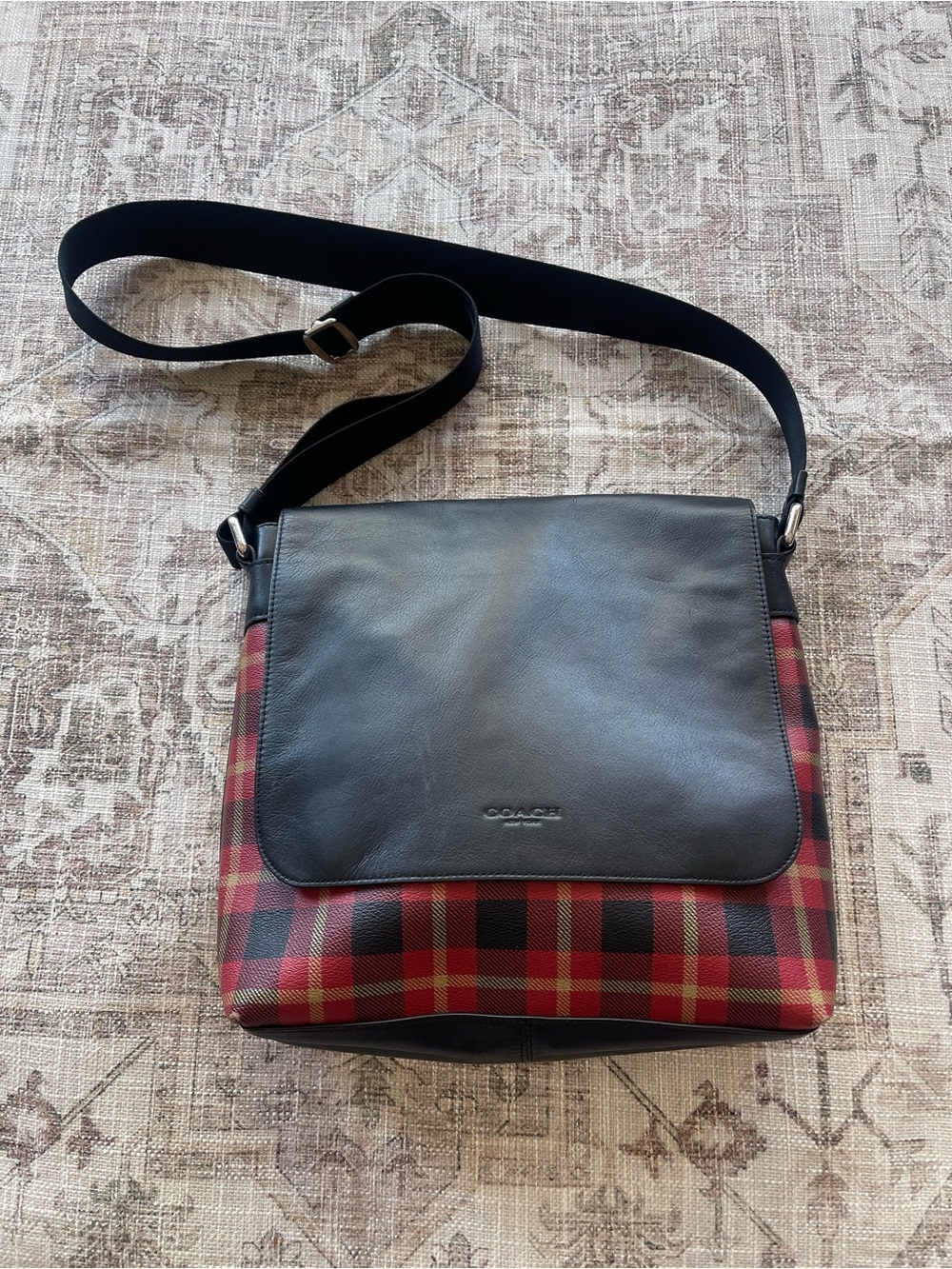Coach Black Leather Messenger Bag with Red Plaid Panels